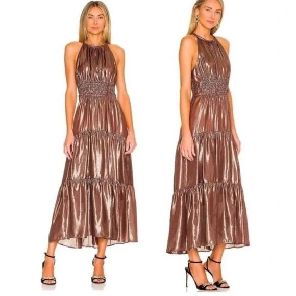 A.L.C. Elara Silk Blend Metallic Tiered Maxi Dress Bitter Chocolate Sz 14 - Picture 6 of 13